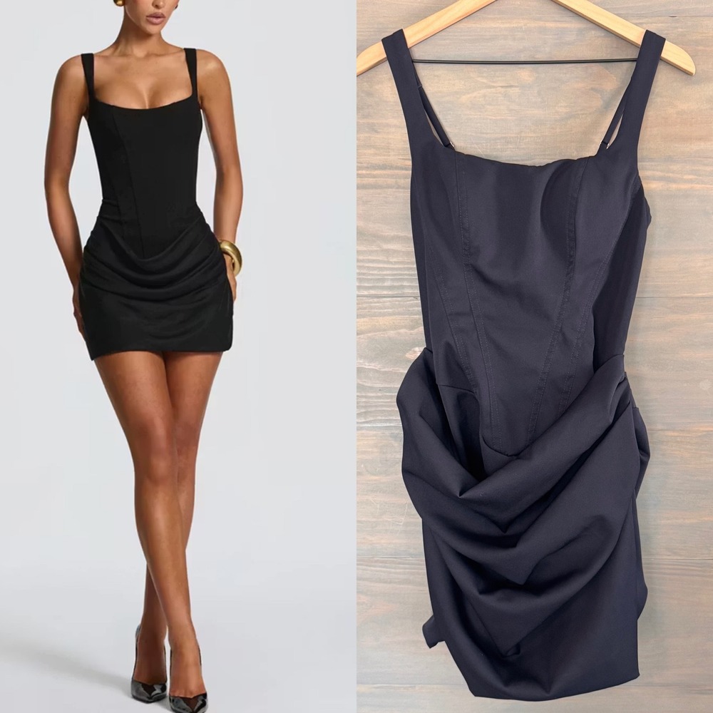 Square Neck Lace-up  Drape Hem Mini Dress Black Size 6 Corset Back Navy